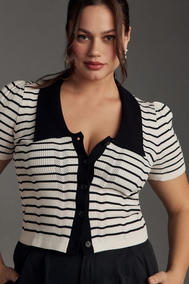 Maeve Short-Sleeve Collared Slim Cardigan Sweater #7