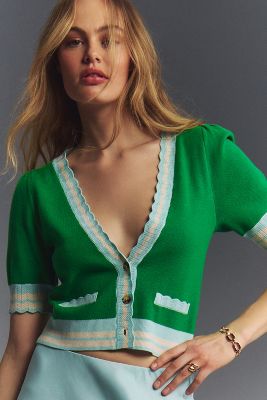 Shop Maeve Short-sleeve V-neck Cardigan Sweater In Green