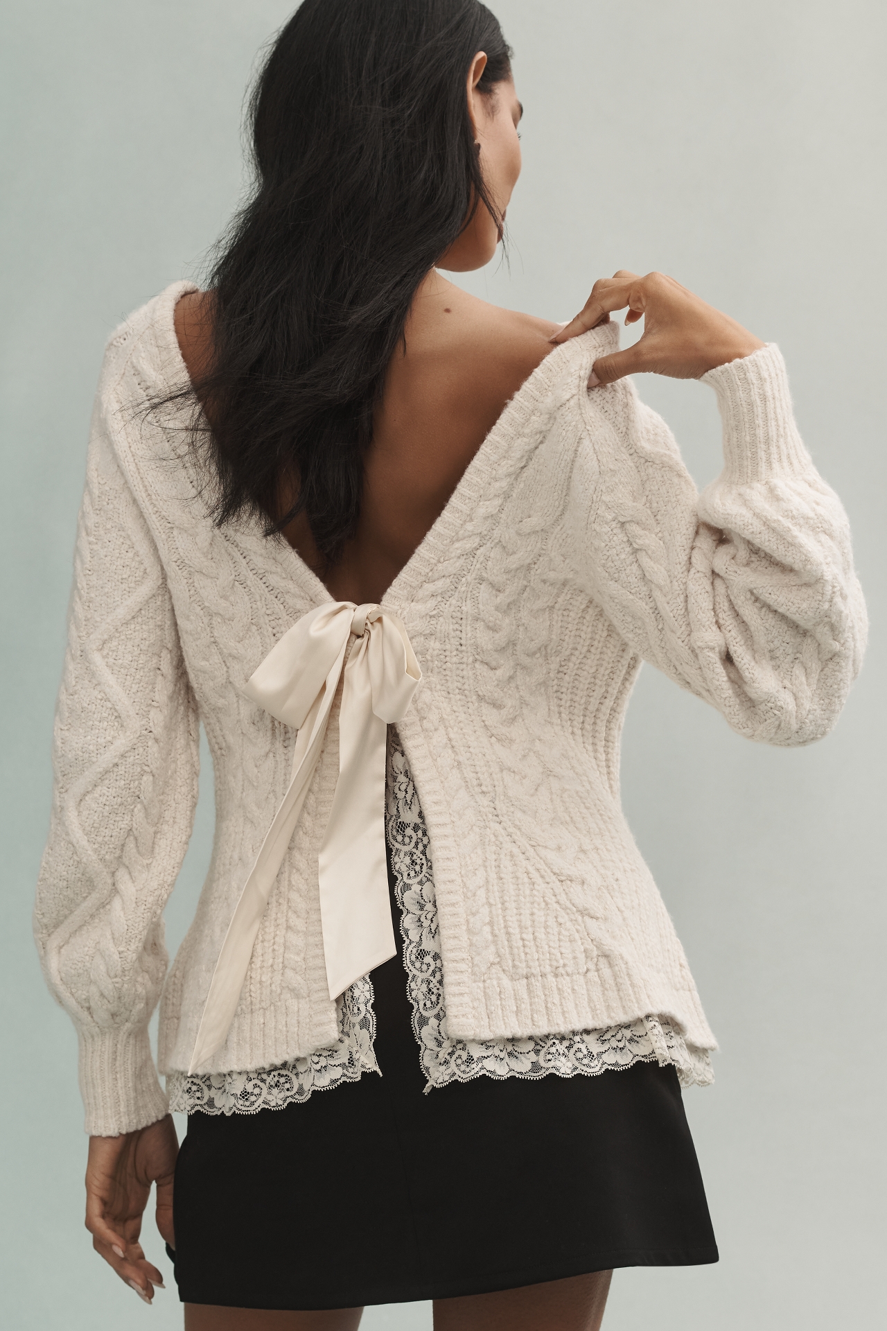 By Anthropologie Open-Back Bow-Detail Chunky-Knit Sweater