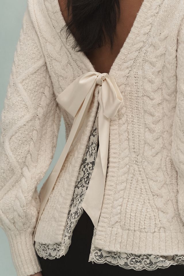 By Anthropologie Open-Back Bow-Detail Chunky-Knit Sweater #3
