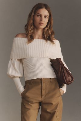 By Anthropologie The Tessa Off-the-shoulder Puff-sleeve Sweater In White