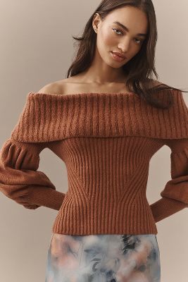 By Anthropologie The Tessa Off-the-shoulder Puff-sleeve Sweater In Purple