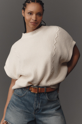 By Anthropologie Mock-neck Short-sleeve Ribbed Sweater Vest In White