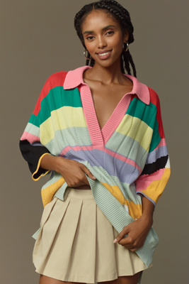 Maeve Collared V-neck Short-sleeve Rugby Sweater In Multicolor