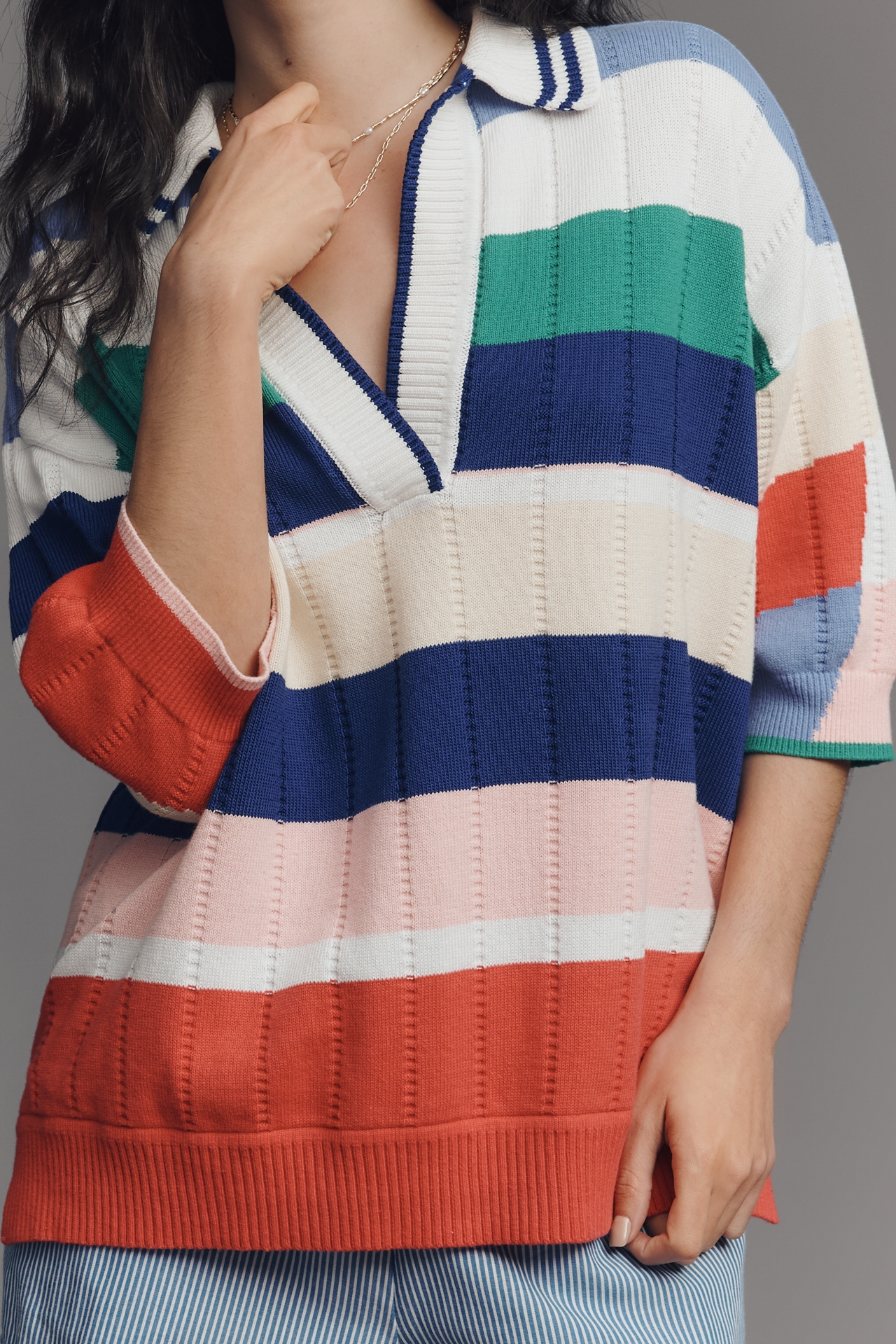 Maeve Collared V-Neck Short-Sleeve Rugby Sweater