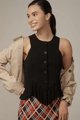 Shop Maeve Chevron Ruffle-hem Cardigan Sweater Tank In Black