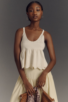By Anthropologie Scalloped Babydoll Pointelle Sweater Tank Top In White