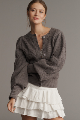 By Anthropologie Pointelle Scalloped Cardigan Sweater In Gray