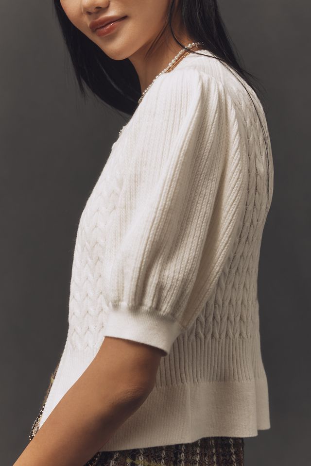 Maeve Short-Sleeve Cable-Knit Cardigan Sweater #3