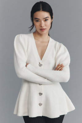 Maeve Puff-sleeve Heart-button Cardigan Sweater In White