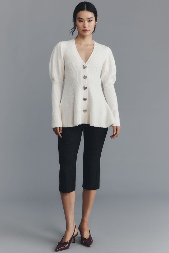 Maeve Puff-Sleeve Heart-Button Cardigan Sweater #1