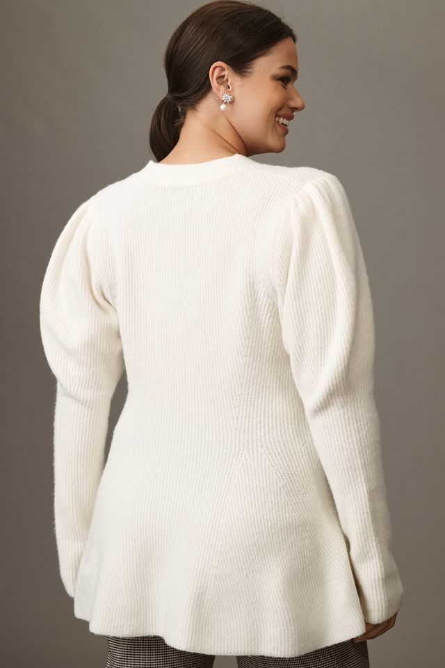 Maeve Puff-Sleeve Heart-Button Cardigan Sweater #5