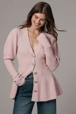 Maeve Puff-Sleeve Heart-Button Cardigan Sweater