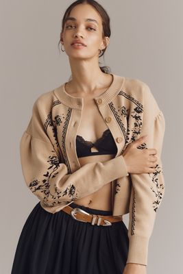 By Anthropologie Sculpted Puff-Sleeve Cardigan Sweater