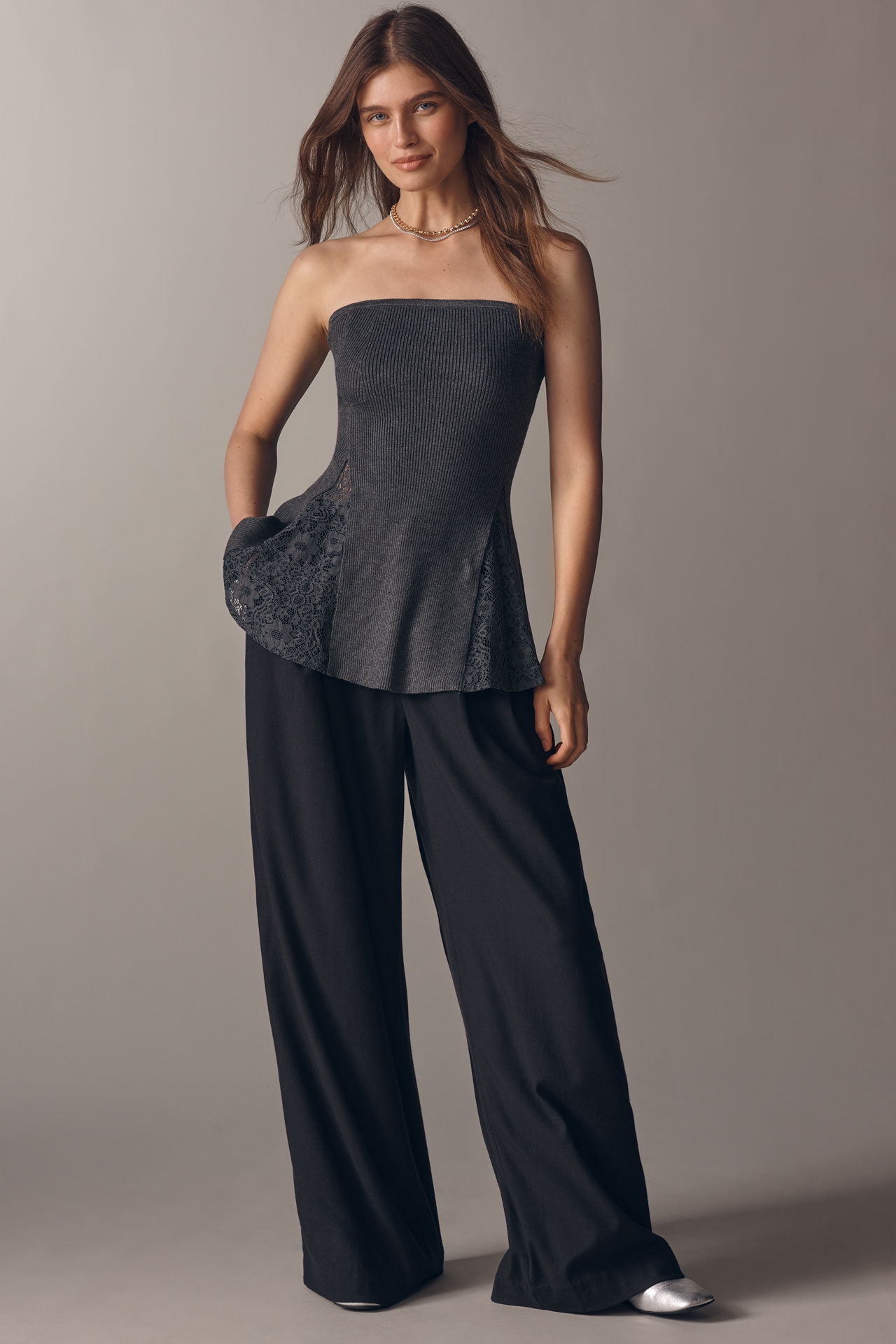 By Anthropologie Strapless Flared Lace Sweater