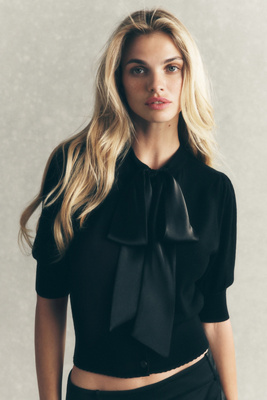 Maeve Puff-Sleeve Organza Bow-Front Cardigan Sweater product page