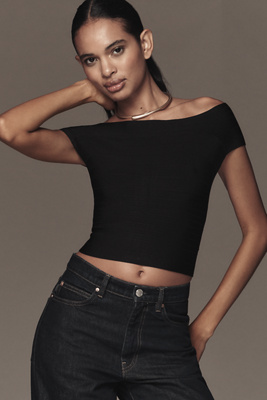 By Anthropologie Off-the-shoulder Bandage Cropped Sweater In Black