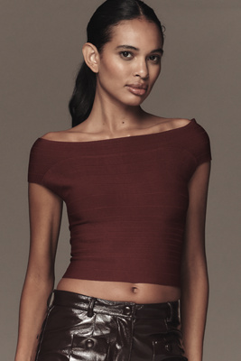By Anthropologie Off-the-shoulder Bandage Cropped Sweater In Burgundy