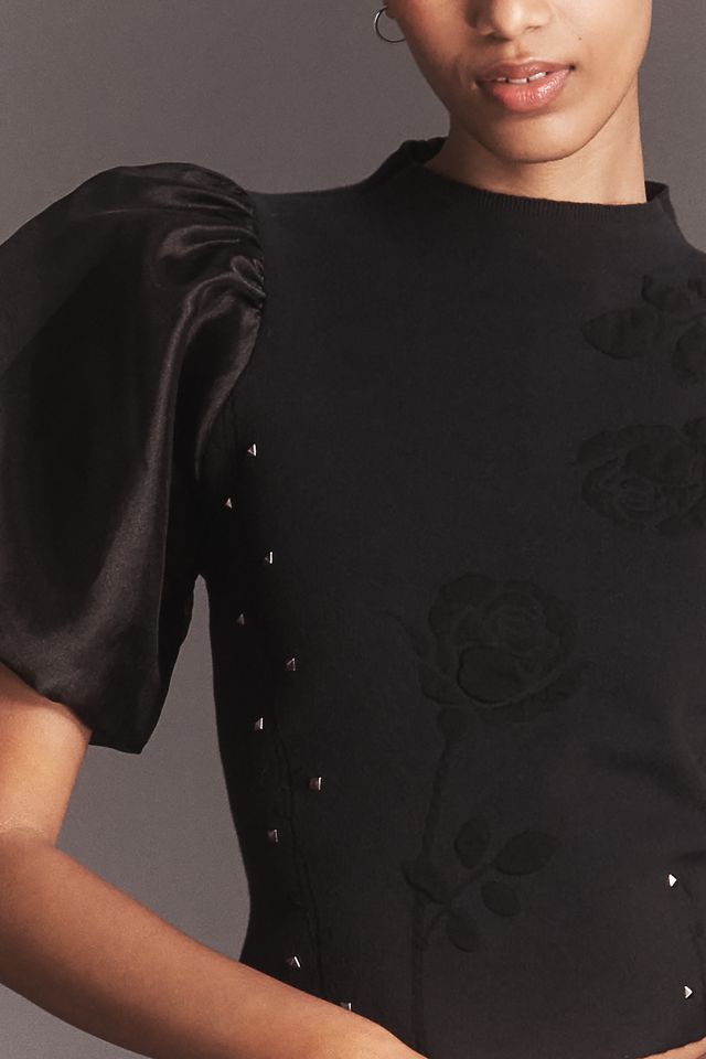 By Anthropologie Puff-Sleeve Mock-Neck Floral Sweater #2