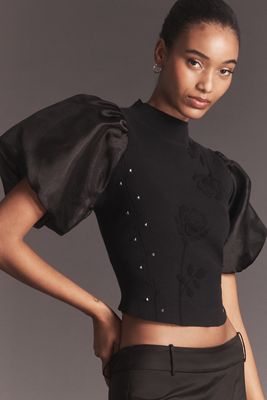 By Anthropologie Puff-Sleeve Mock-Neck Floral Sweater