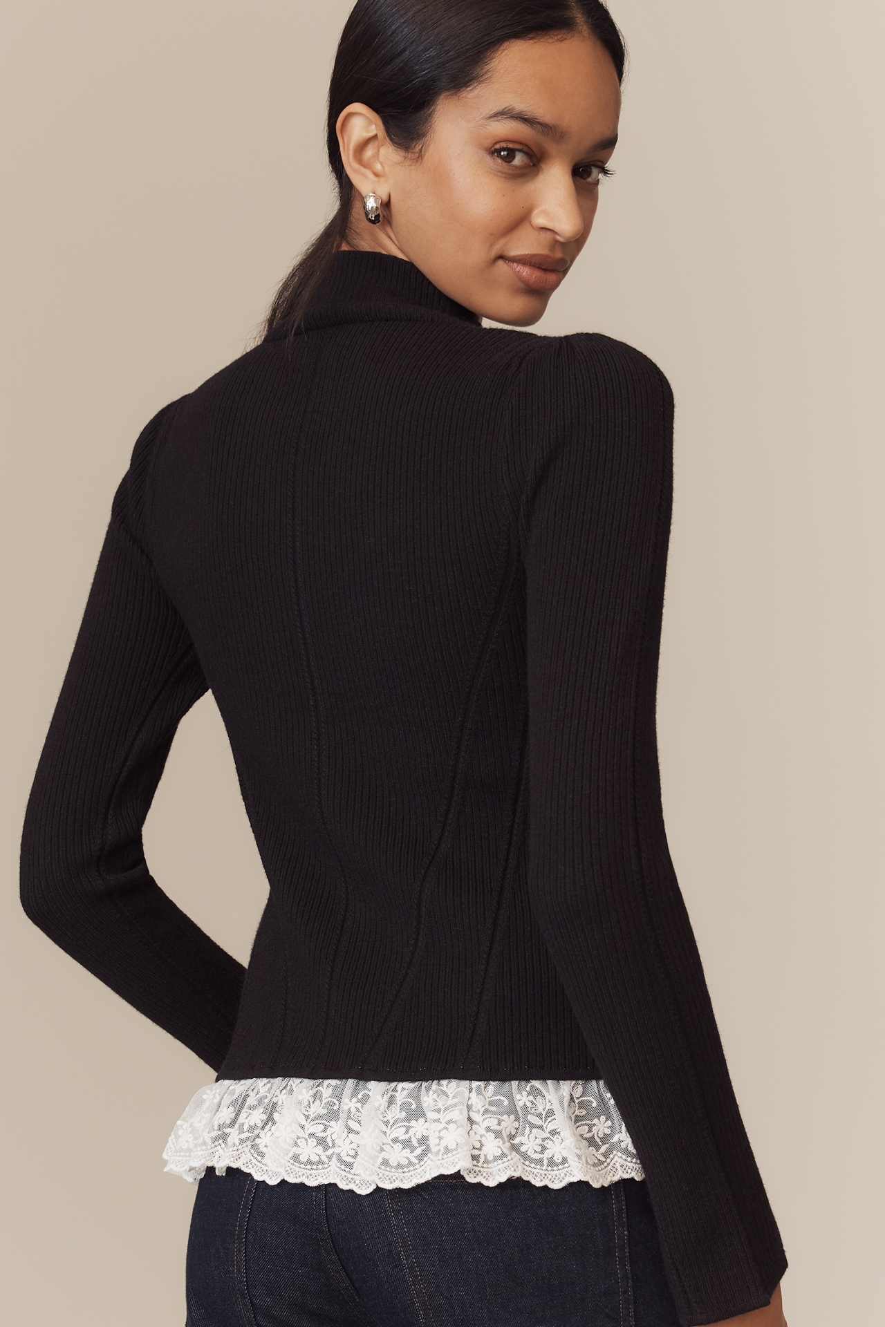 By Anthropologie Mock-Neck Ruffled Lace Cardigan Sweater