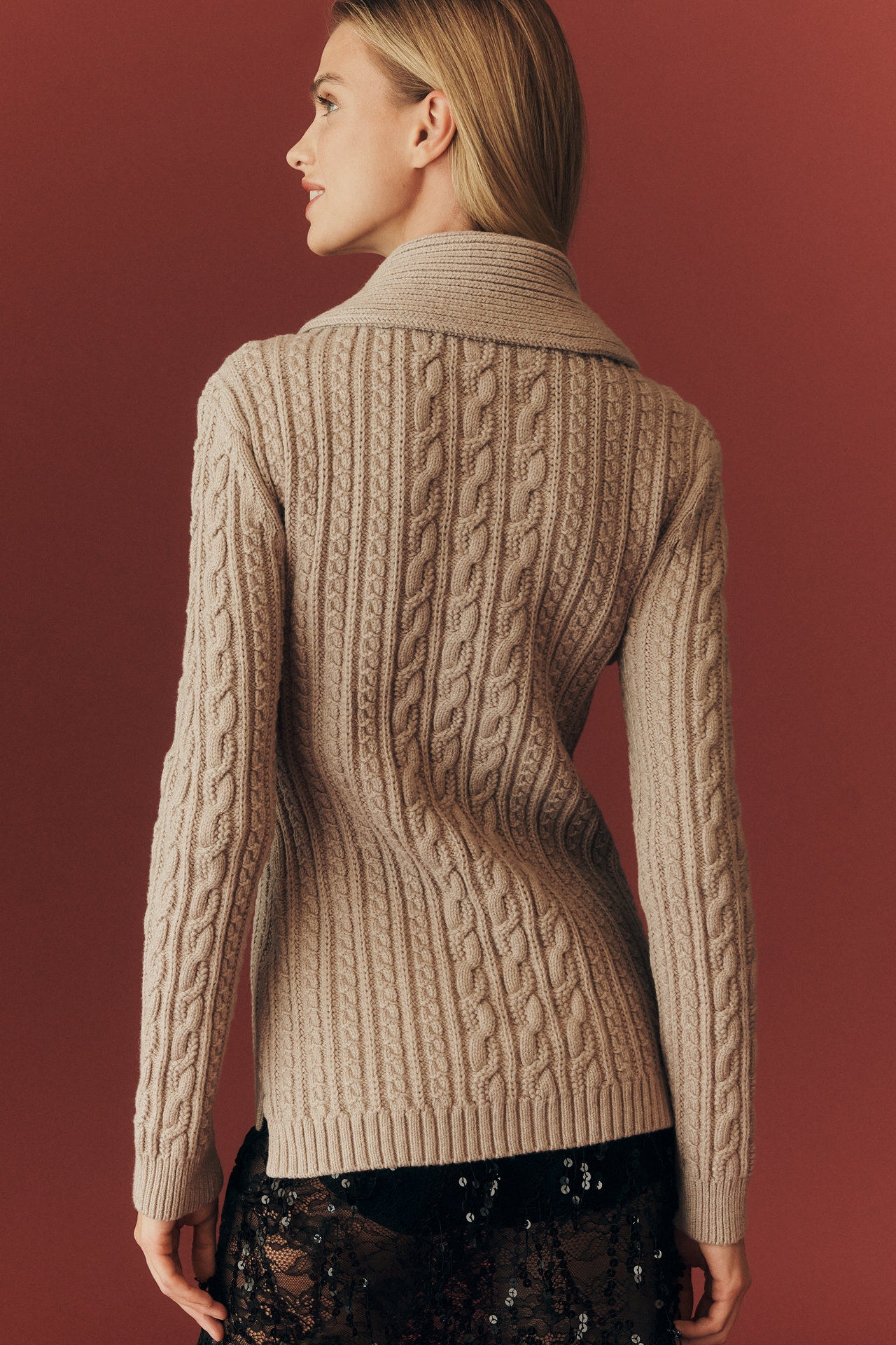 Maeve Shawl-Collar Cable-Knit Henley Sweater