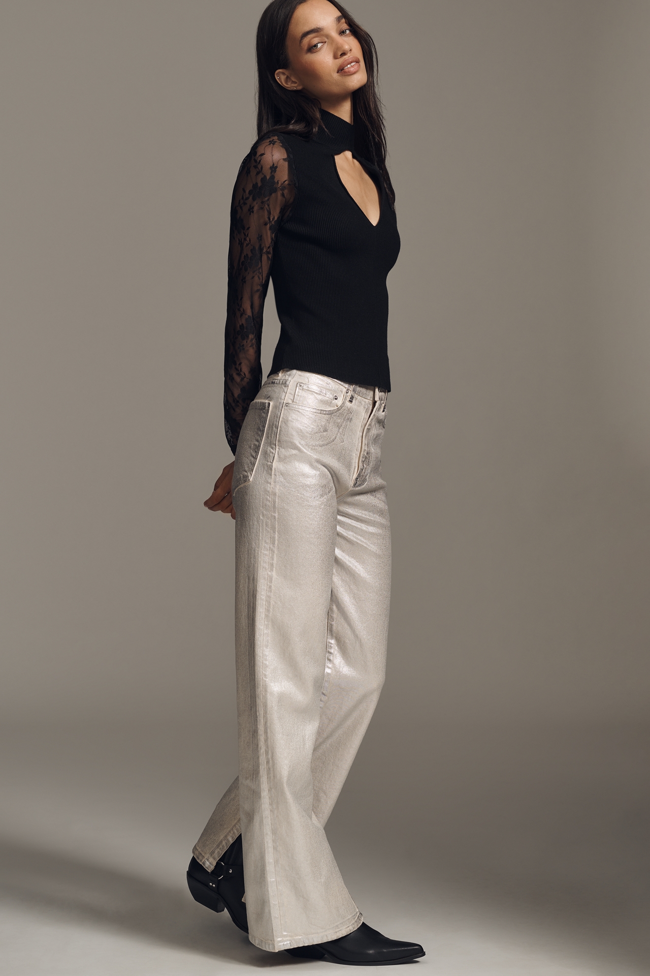 Pilcro Long-Sleeve Keyhole Lace Top