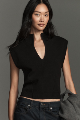By Anthropologie Cap-sleeve V-neck Sweater Tee In Black