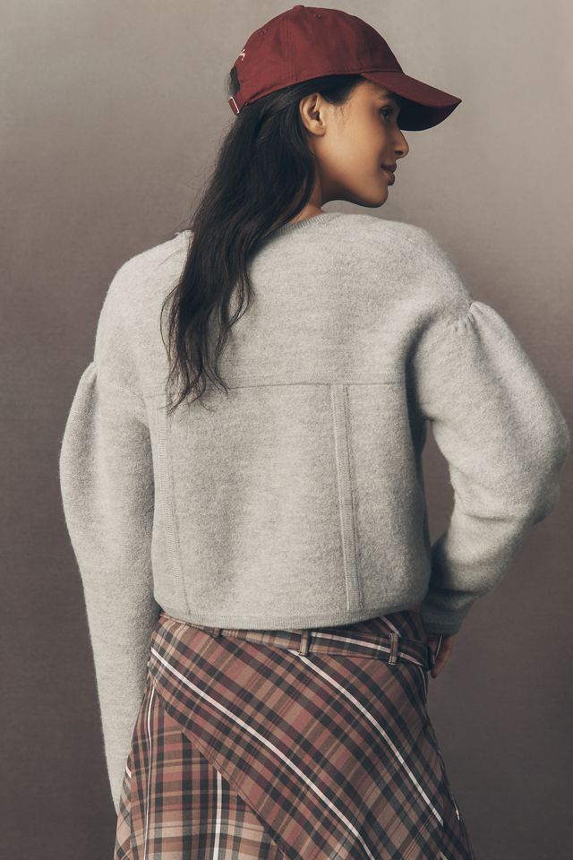 Maeve Puff-Sleeve Wool Cardigan Sweater #3