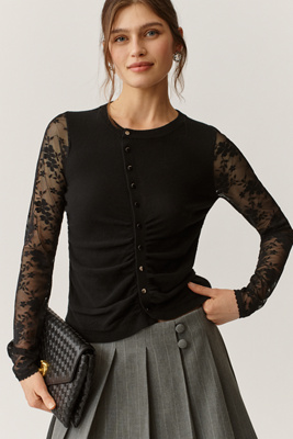 Maeve Cashmere Blend Asymmetric Lace-sleeve Sweater In Black