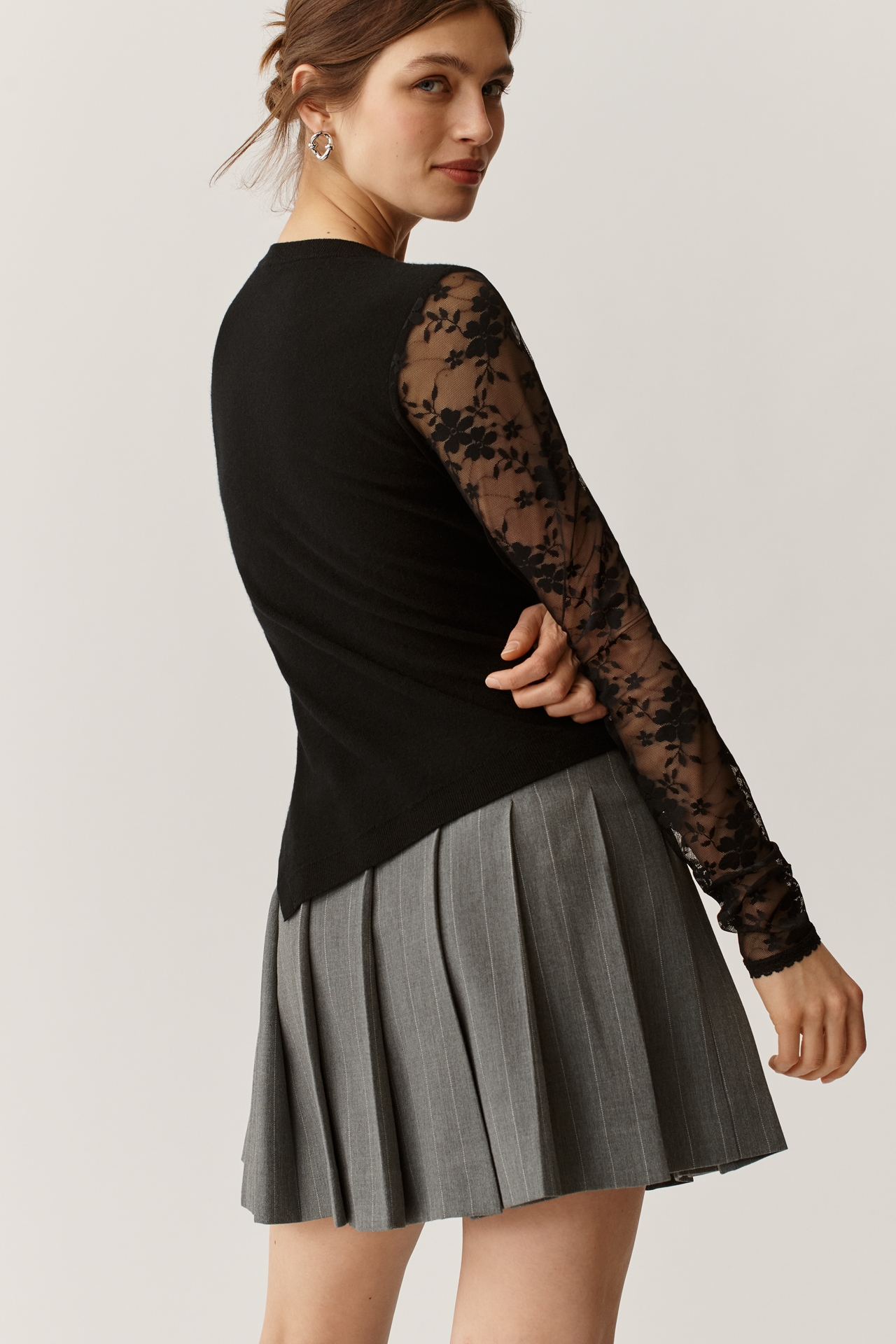 Maeve Cashmere Blend Asymmetric Lace-Sleeve Sweater