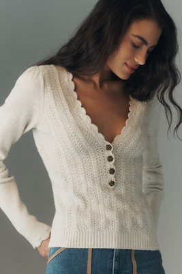 By Anthropologie Scallop V-neck Pointelle Sweater In White