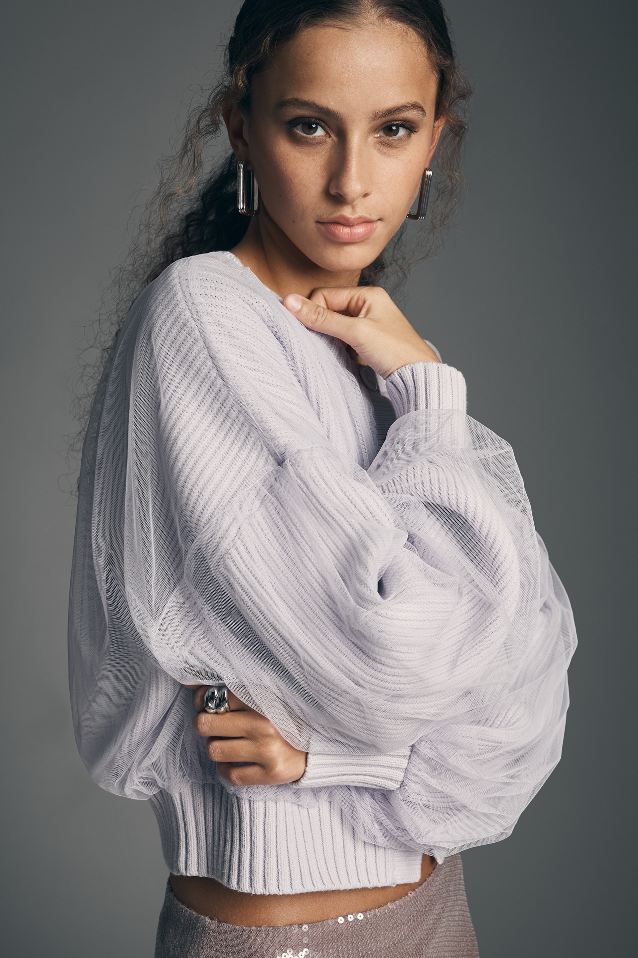 By Anthropologie Crew-Neck Tulle Cardigan Sweater