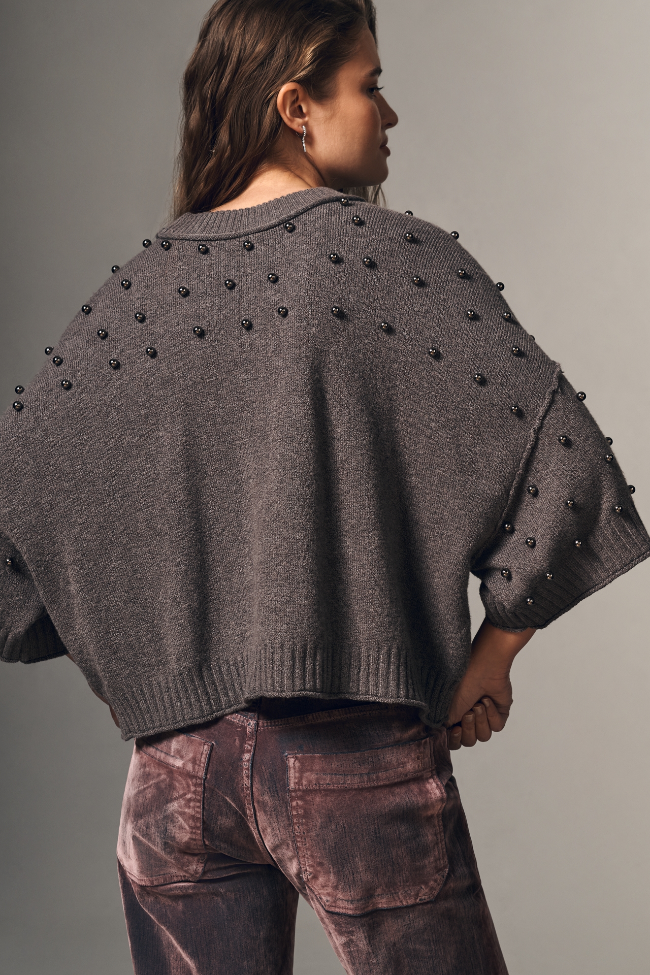 The Goldie Long-Sleeve Studded Crew-Neck Sweater