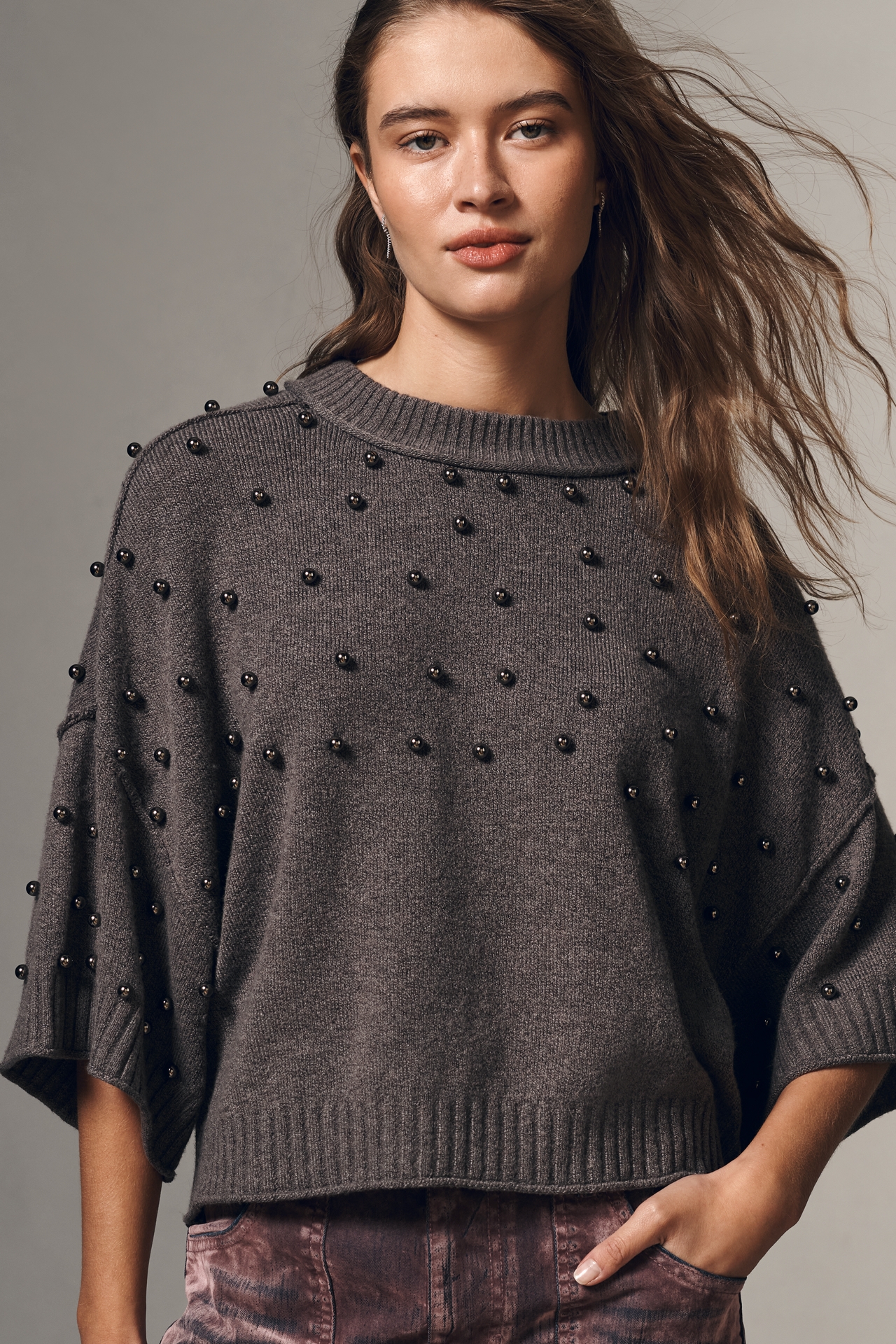 The Goldie Long-Sleeve Studded Crew-Neck Sweater