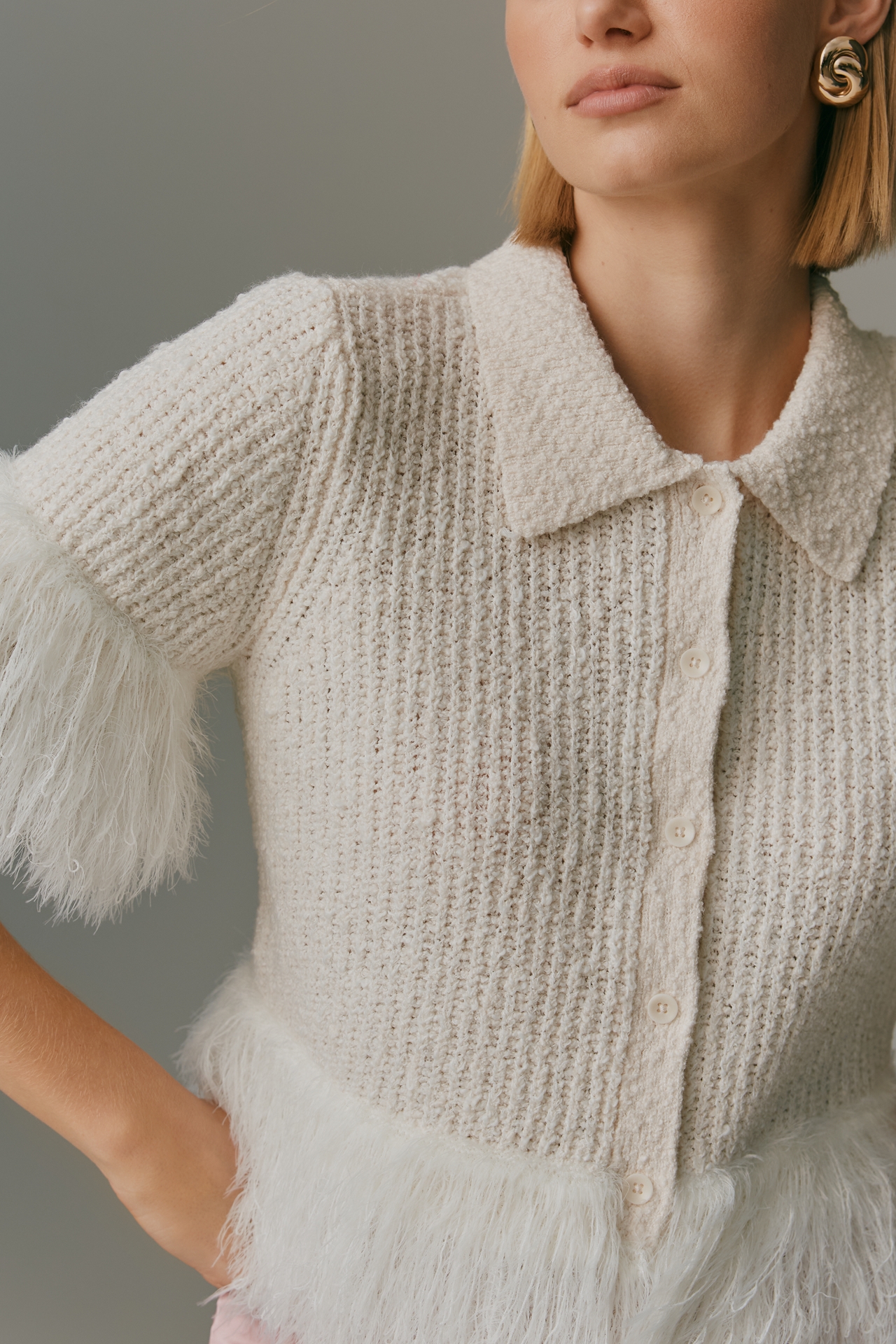 Pilcro Short-Sleeve Faux Feather Cardigan Sweater