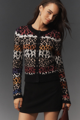 Maeve Crew-neck Animal Print Cardigan Sweater In Black