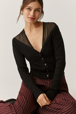Maeve Sheer-Inset V-Neck Cardigan Sweater | Anthropologie