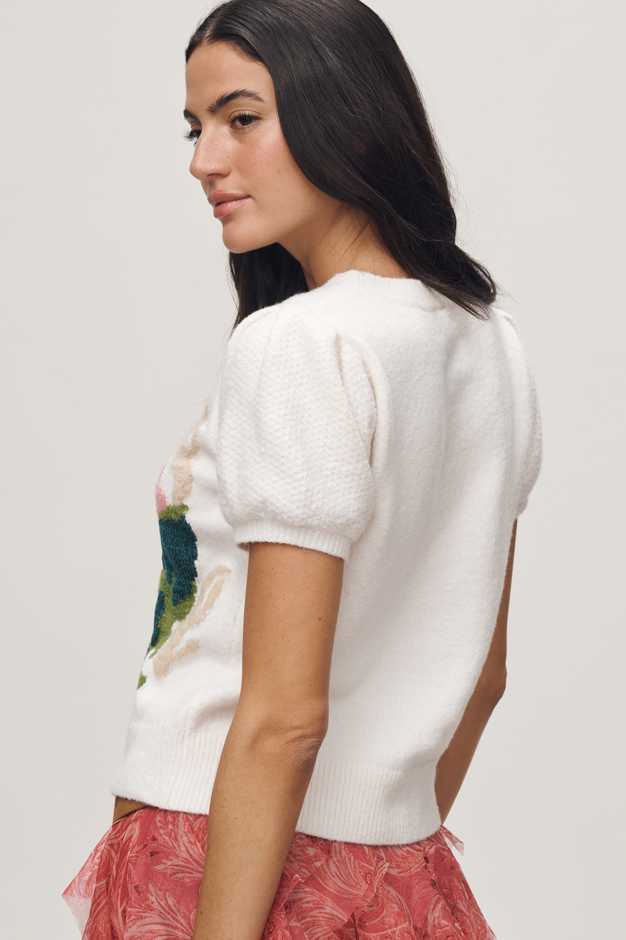 By Anthropologie Puff Sleeve Rose Icon Sweater