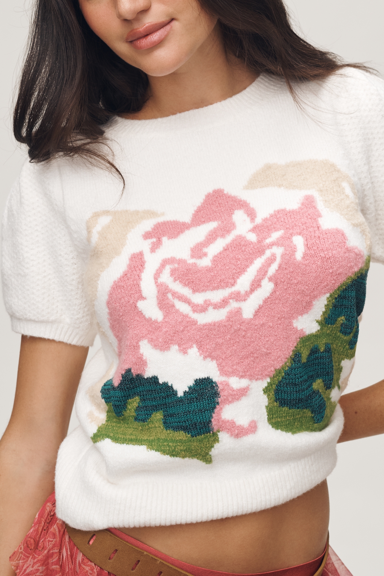 By Anthropologie Puff Sleeve Rose Icon Sweater