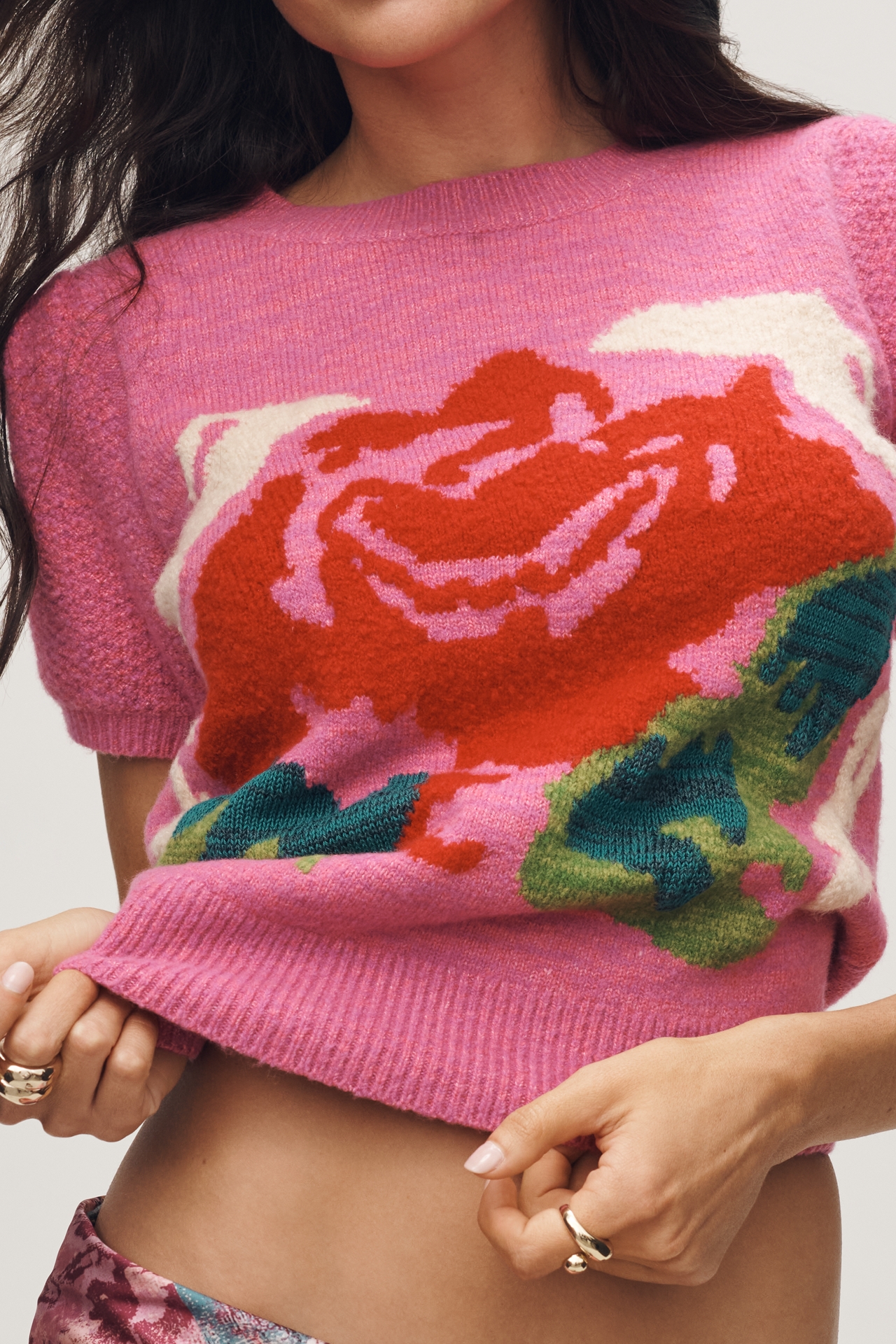 By Anthropologie Puff Sleeve Rose Icon Sweater
