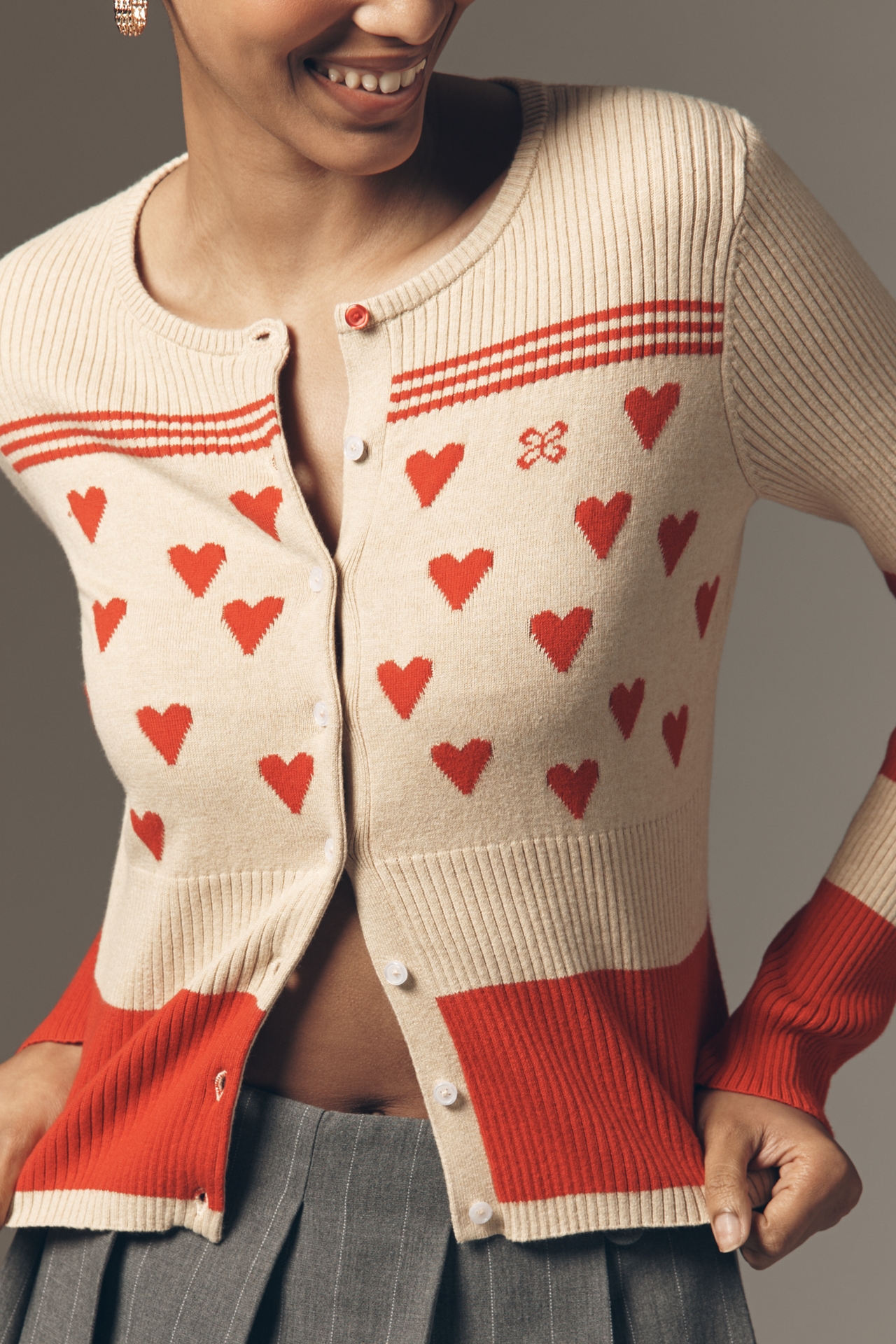 Maeve Sweetheart Ribbed Long-Sleeve Crew-Neck Cardigan Sweater