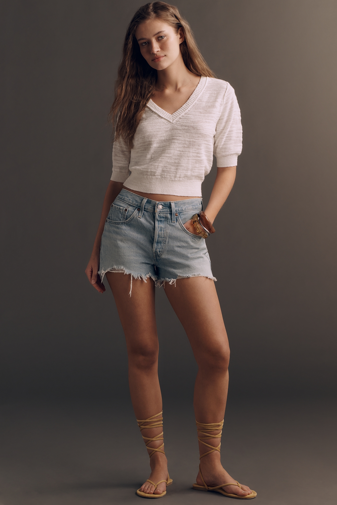 Pilcro Three-Quarter Sleeve V-Neck Sweater