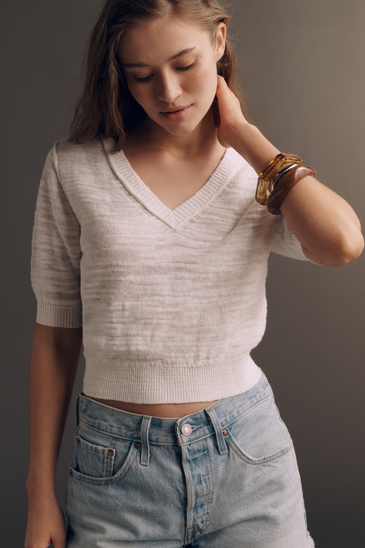 Pilcro Three-Quarter Sleeve V-Neck Sweater