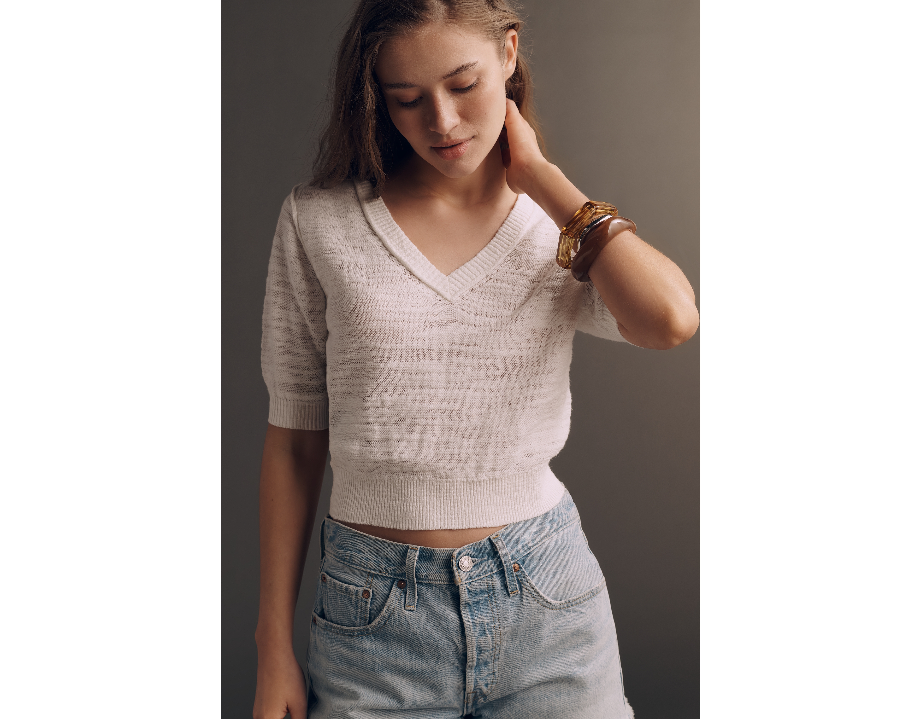 Pilcro Three-Quarter Sleeve V-Neck Sweater