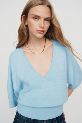 AMOMENTO VELVET V-NECK PULLOVER 水色 L Maeve Cotton Merino Plunge V-Neck Sweater | Anthropologie