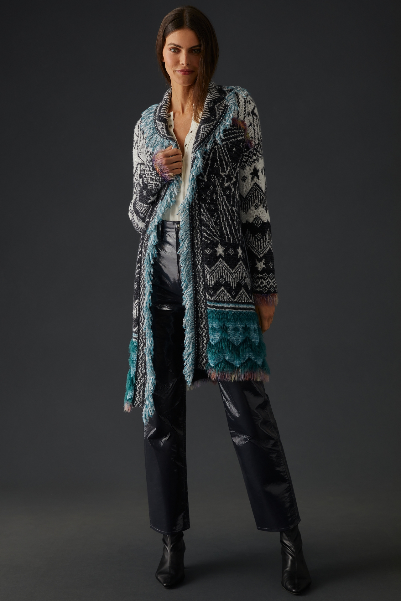 Pilcro Mixed-Pattern Fringed Cardigan Sweater