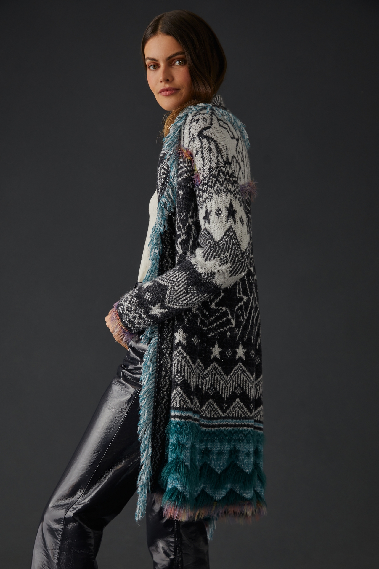 Pilcro Mixed-Pattern Fringed Cardigan Sweater