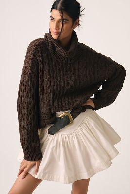 Shop Pilcro Oversized Turtleneck Cable-knit Sweater In Brown