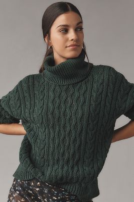 Shop Pilcro Oversized Turtleneck Cable-knit Sweater In Green